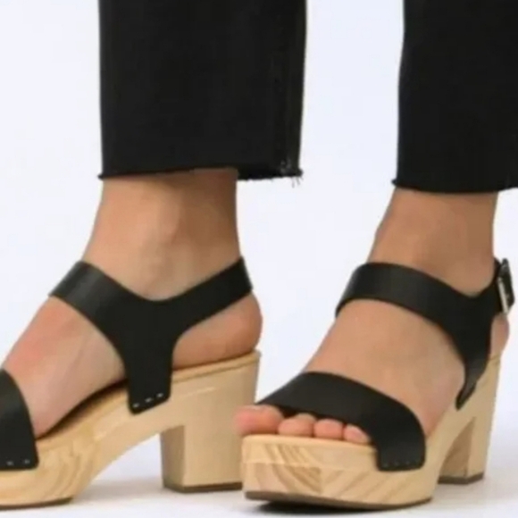 Nisolo Boho Black Leather Sandals with Wood Sole Clog Size 9 - Picture 1 of 13